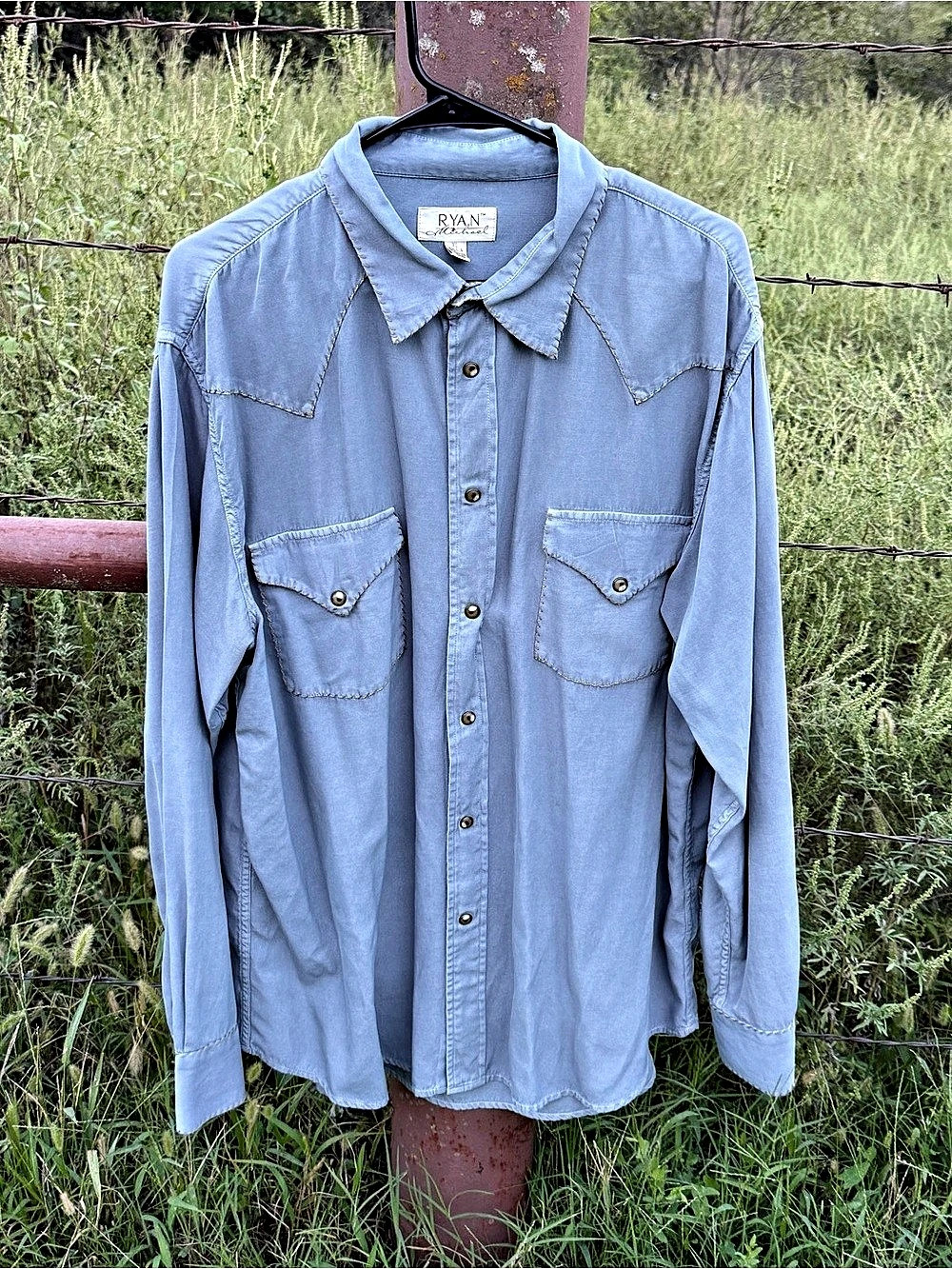 Ryan Michael Silk Cotton Western Pearl Snap Shirt XL Blue Whipstitch